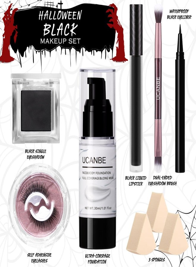 UCANBE Black Halloween Makeup Kit – Skeleton Skull Vampire Gothic Makeup Set for SFX Cosplay Costume -Eyeshadow, White Foundation, Black Lipstick & Eyeliner, Self Adhensive Eyelashes, Brush & Sponges - Image 2